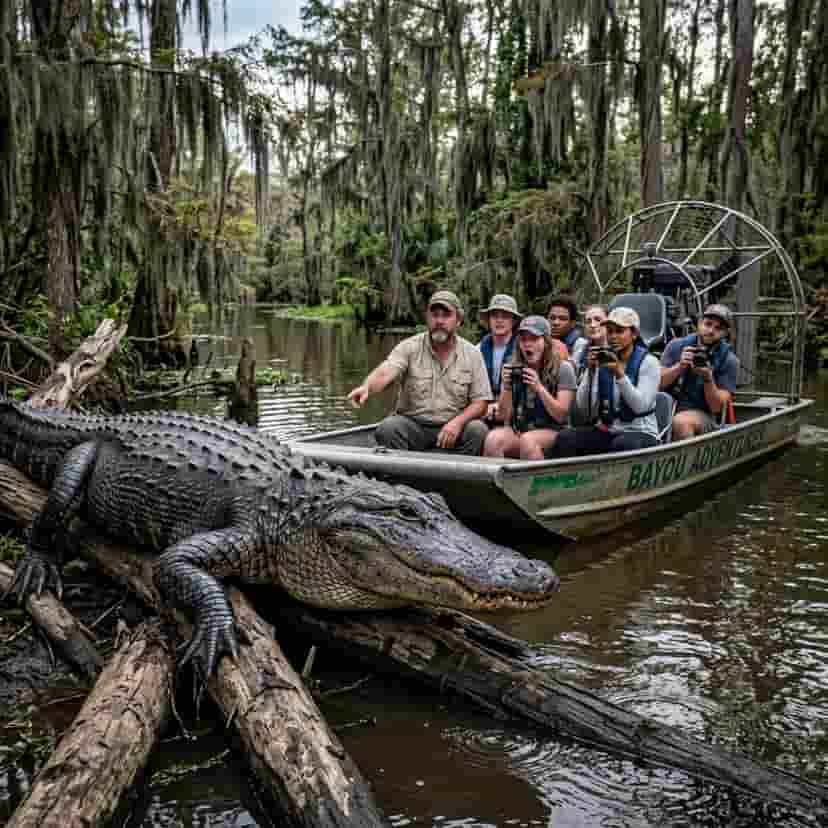 Airboat speeding through Louisiana swamp